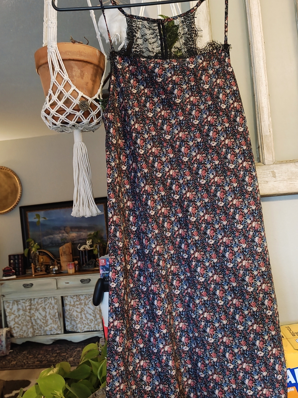 Hollister Black Floral Maxi Dress with Pink and Blue Blooms